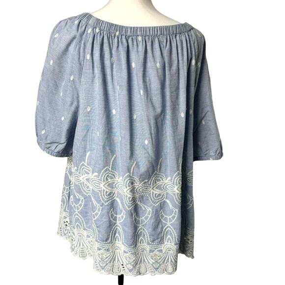 TALBOTS Women's 2X Light Blue White Floral Embroidered Eyelet Cotton Tunic Top - Picture 3 of 8